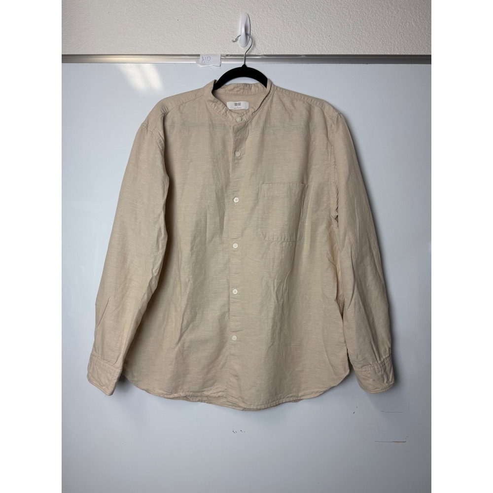 Uniqlo Mens Cotton Linen Band Collar Shirt Beige Tan casual Large